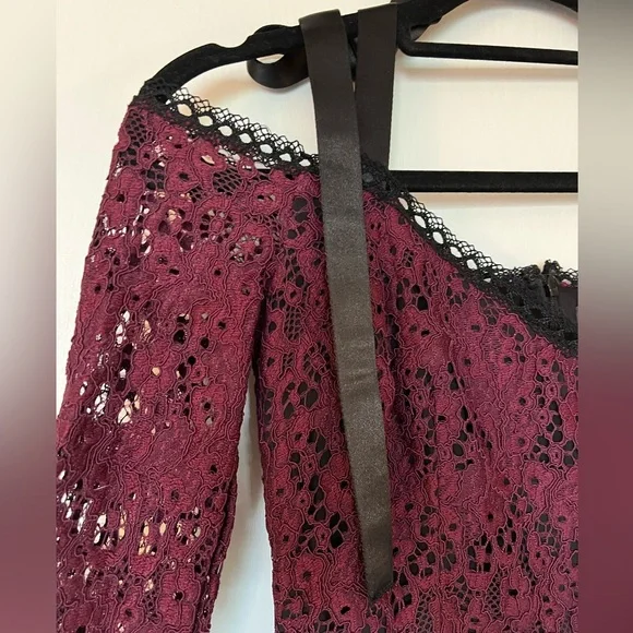 NWT Alexis Sophie Burgundy Lace Off Shoulder Tie Shoulder Dress. Small - Picture 12 of 14